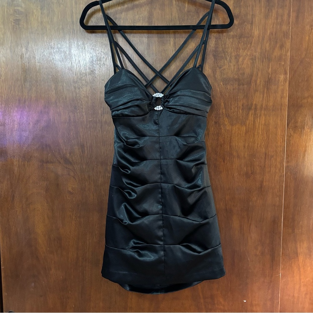 Love Tease Satin Black Ruched Strappy Back Mini Dress size Large